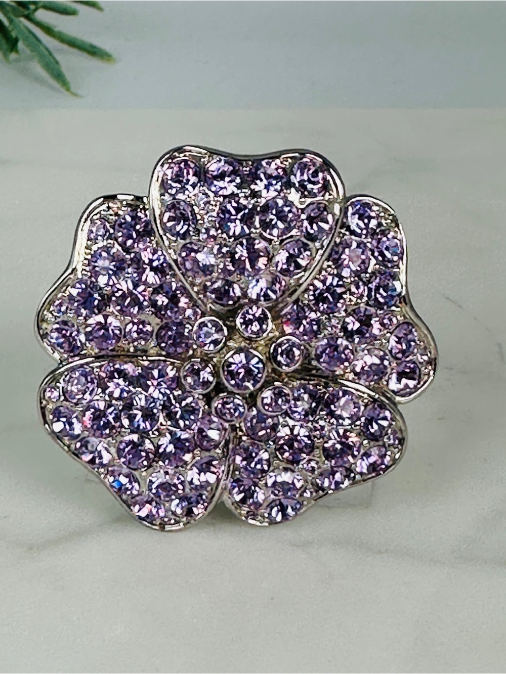 Vintage Monet Purple Rhinestone Brooch Pin Flower Sparkling Lavender Silvertone